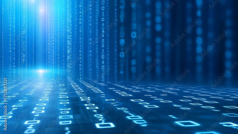 Poster abstract technological background with glowing blue binary code, digital streams representing techno