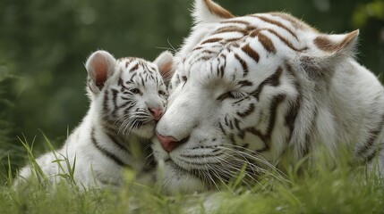 Naklejka premium a white tiger cub nuzzles its mother's face while resting in lush green grass.