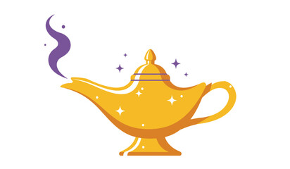 Golden genie lamp with purple smoke and sparkles representing magic and wishes a mystical object of desire isolated on white background