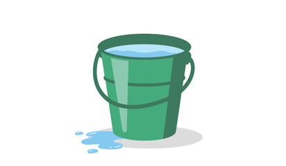 Green bucket brimming with clear blue water with a few droplets on the side representing cleaning or refreshing liquids isolated on white background