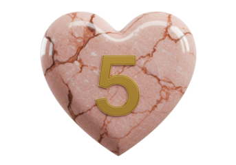Isolated pink marble heart gemstone with number five, love concept, graphic resource