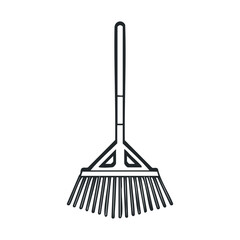 Garden rake for lawn maintenance and landscape care. Vector line illustration