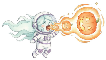 Obraz premium Spooky halloween space astronaut girl breathing jack o lantern fireball with flowing hair and glowing helmet