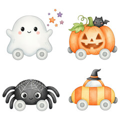 Fototapeta premium Cute halloween ghost pumpkin spider and witch hat car with smiling faces in watercolor style playful spooky characters for party decor