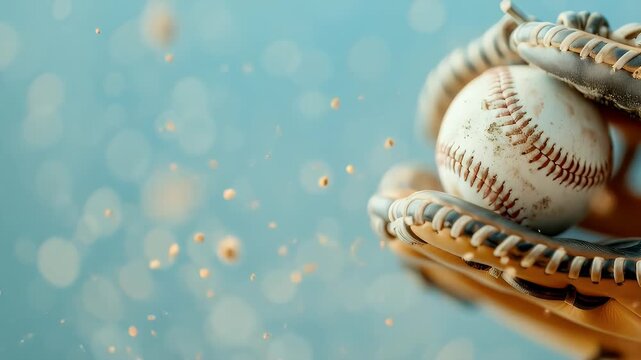 Baseball in Mitt with Leather Glove Against Soft Blue Bokeh Background Close Up