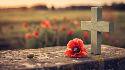 Cross adorned with red poppy on grassy field at sunset, signifying remembrance, honor, and sacrifice for fallen heroes, widely observed during memorial occasions worldwide