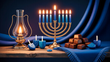 Elegant Hanukkah setting with lit menorah, dreidels, oil lamp, and chocolate treats placed on soft blue fabric, symbolizing Jewish tradition, warmth, and miracle celebration