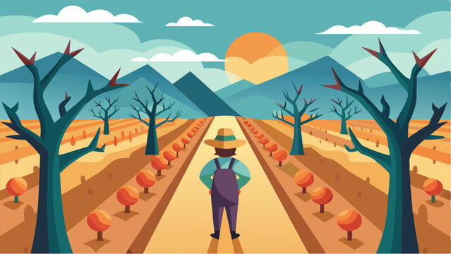 A peaceful portrait of a rural orchard with rows of neatly pruned apricot trees and a lone scarecrow standing guard.