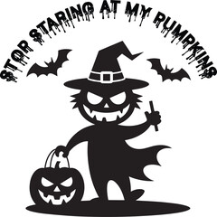 Obraz premium Witch holding pumpkin and bats with dripping text halloween spooky
