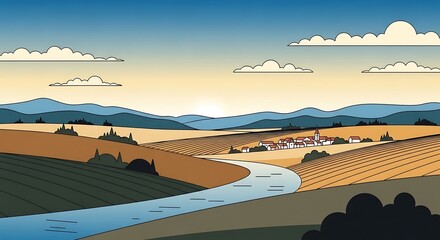 Serene River Valley Landscape with Rolling Hills and Village.