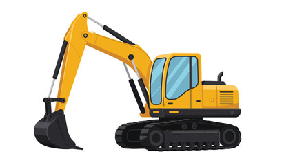 Bright yellow excavator construction vehicle with articulated arm and bucket for heavy duty earthmoving and digging operations isolated on white background