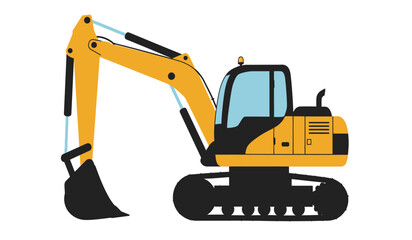 Bright yellow excavator digging machine with articulated arm and bucket detailed construction vehicle machine. isolated on white background