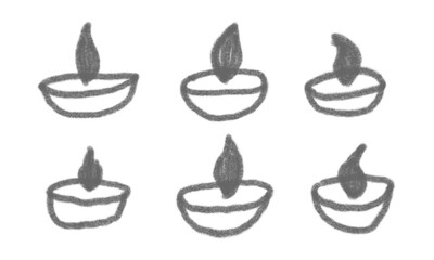 Hand-Drawn Diwali Diya PNG with Flames Traditional Oil Lamps on Transparent Background