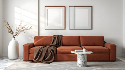 Modern living room interior design featuring a plush rust sofa and white marble coffee table