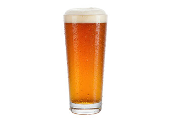 Isolated pint glass of amber beer with condensation, perfect for refreshment or celebration