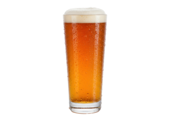 Isolated pint glass of amber beer with condensation, perfect for refreshment or celebration