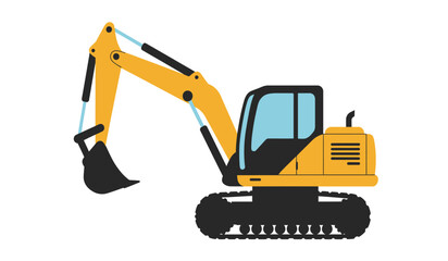 Yellow excavator machine for construction and heavy equipment operations with articulated arm and bucket on a isolated on white background