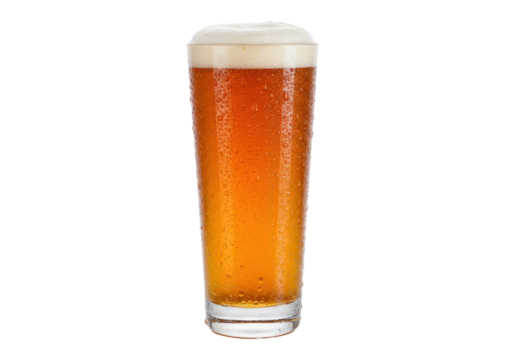 Isolated pint glass of amber beer with condensation, perfect for refreshment or celebration