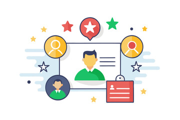Fototapeta premium Vector flat illustration showing a man giving a star rating to an AI chatbot on a digital interface. Perfect for concepts related to customer feedback, online reviews, chatbot interaction, user satisf