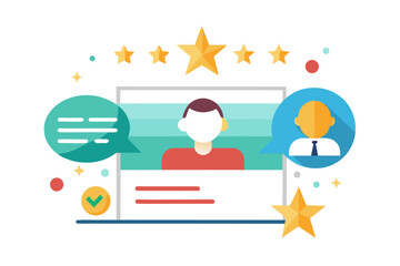 Vector flat illustration showing a man giving a star rating to an AI chatbot on a digital interface. Perfect for concepts related to customer feedback, online reviews, chatbot interaction, user satisf