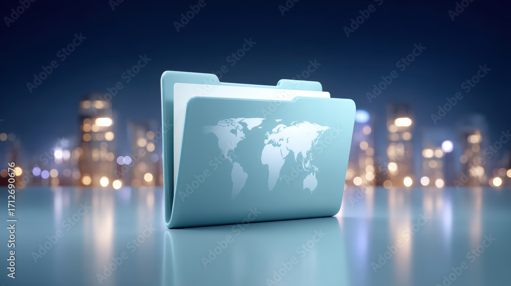 Poster blue folder with world map symbol on glossy surface in cityscape night with soft bokeh light and ref