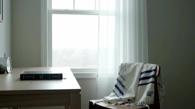 Serene Room with Tallit on Chair by Window, Peaceful Home Interior with Religious Shawl and Natural Light