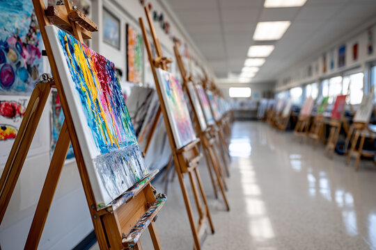 Classroom filled with student paintings lined up for evaluation,