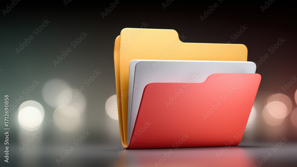 Poster colorful file folder trio on reflective surface with soft bokeh light and modern office organization