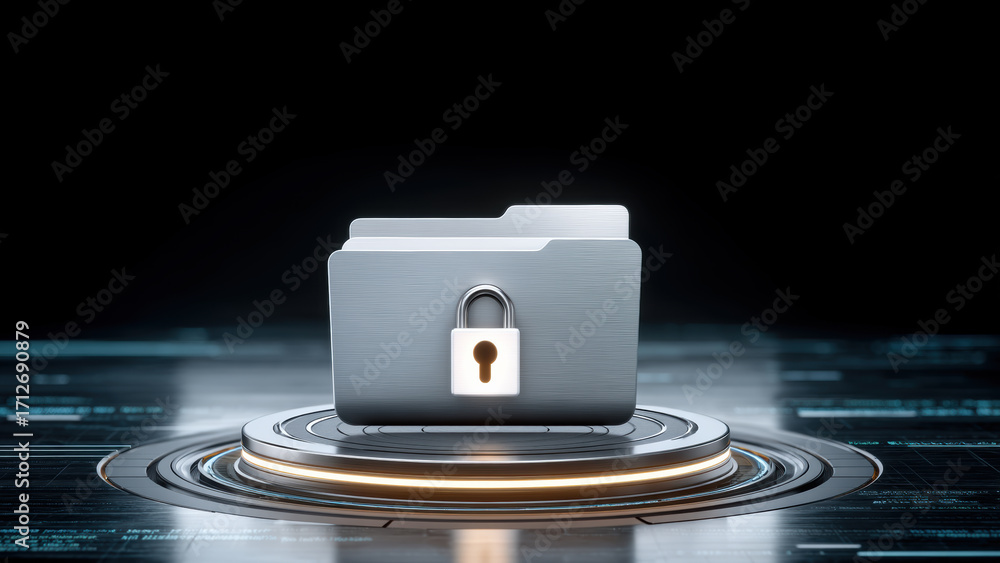 Poster secure file folder with padlock on futuristic pedestal conveying data protection and cyber security 