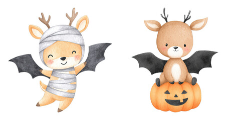 Cute halloween animal costume deer with bat wings and pumpkin smile playful watercolor character