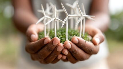 Hands holding miniature wind turbines on green grass in a natural setting