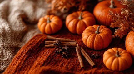 Charming autumn arrangement with mini pumpkins and spices on a cozy blanket