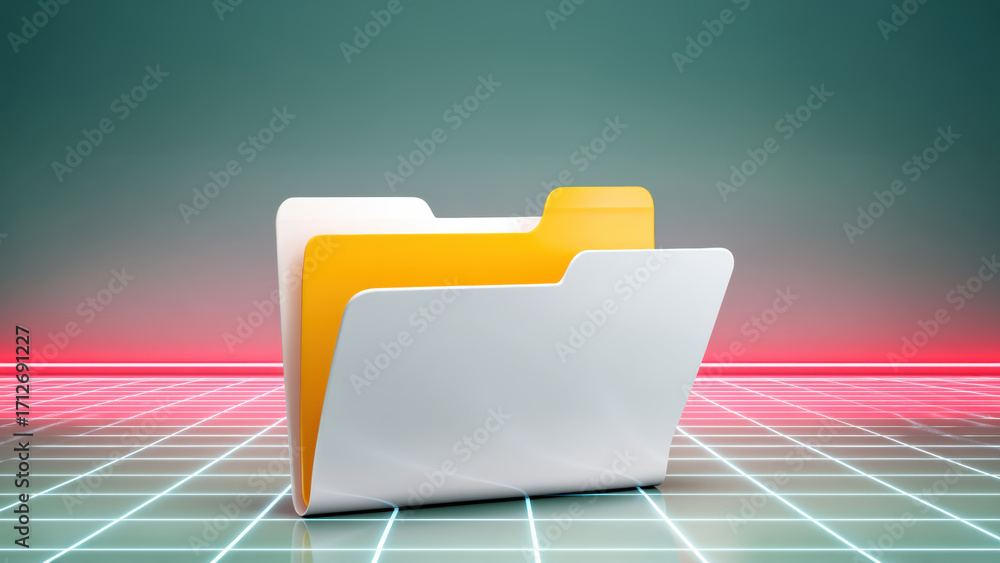 Poster yellow and white folder icon on retro grid background, futuristic office concept with gentle glow an