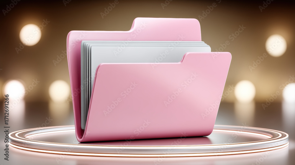 Poster pink file folder with papers on illuminated podium, soft bokeh background with warm glow and modern 