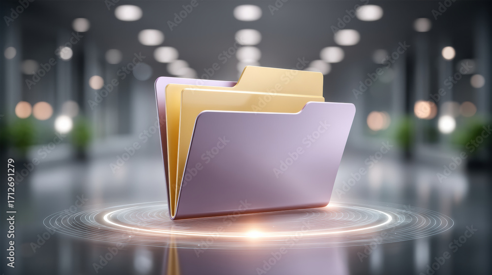 Poster modern pastel file folder on glowing digital interface evoking secure cloud storage and data organiz
