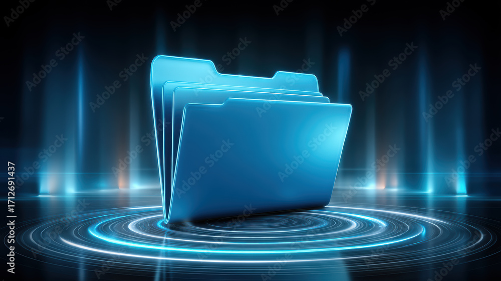 Poster blue folder icon glowing on digital interface with circular light ripple effect and futuristic data 