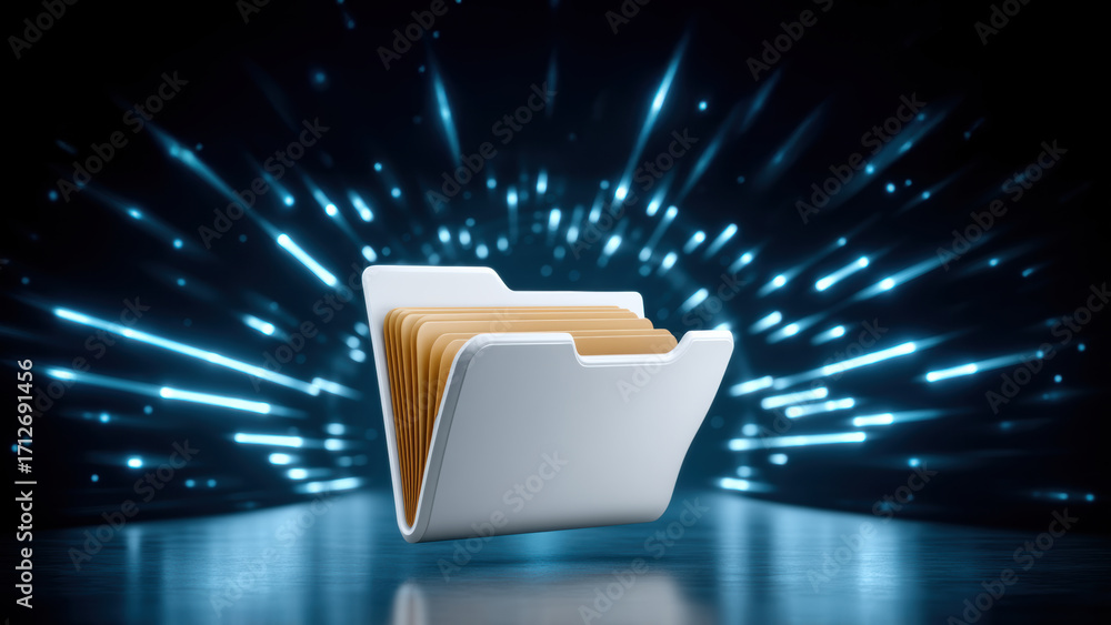 Poster folder icon and document folder with glowing data streaks suggesting fast digital transfer and secur