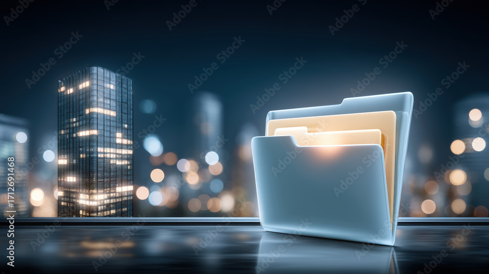 Poster folder icon with glowing file inside on reflective surface in city nightscape, futuristic data conce