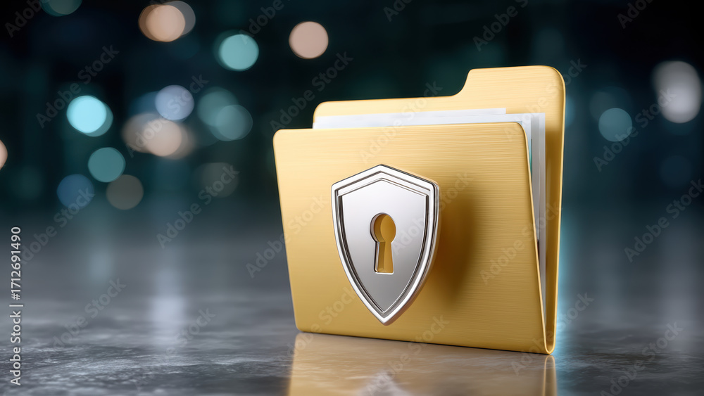 Poster gold folder with shield lock symbol protecting confidential documents, secure data concept, soft bok