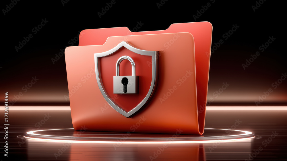 Poster secure red folder with shield and padlock symbol reflective surface, conveying data protection and d
