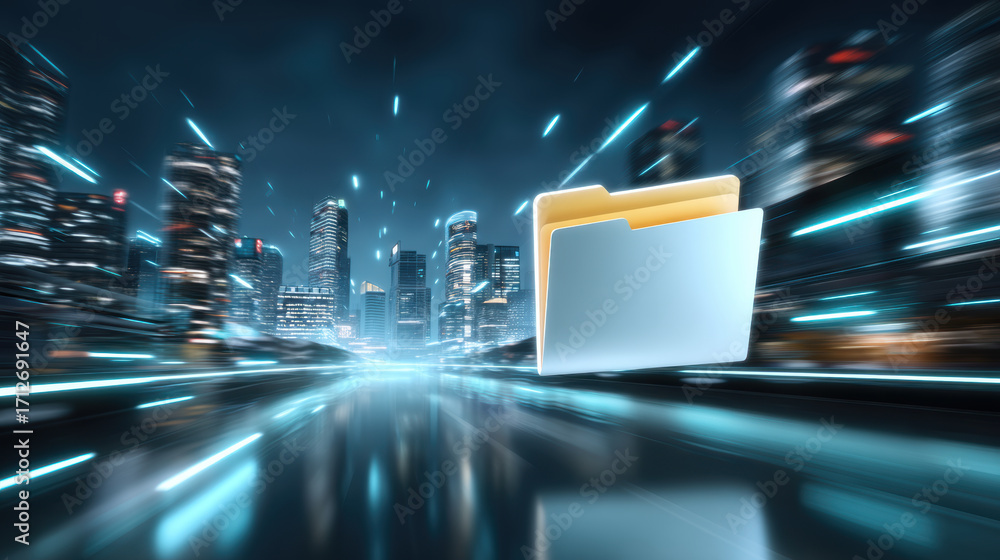 Poster blue folder icon floating over futuristic cityscape at night with motion blur conveying fast digital