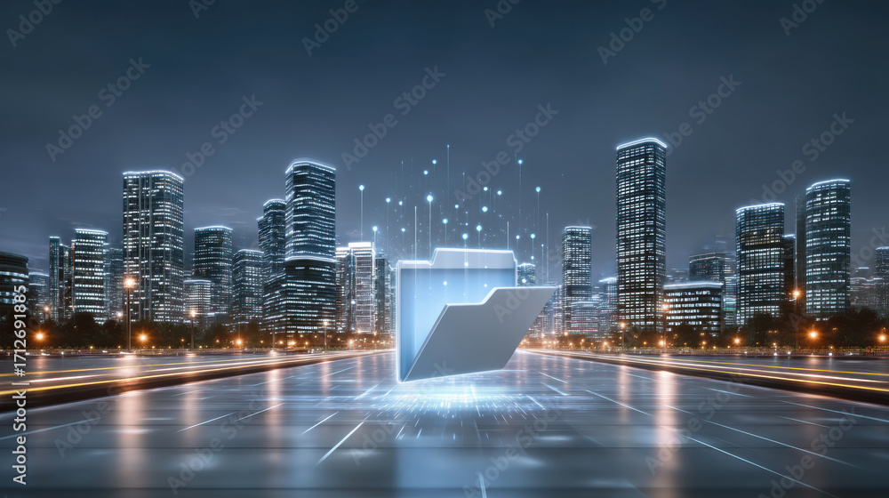 Poster glowing digital folder floating over futuristic city street at night, neon lights and data particles