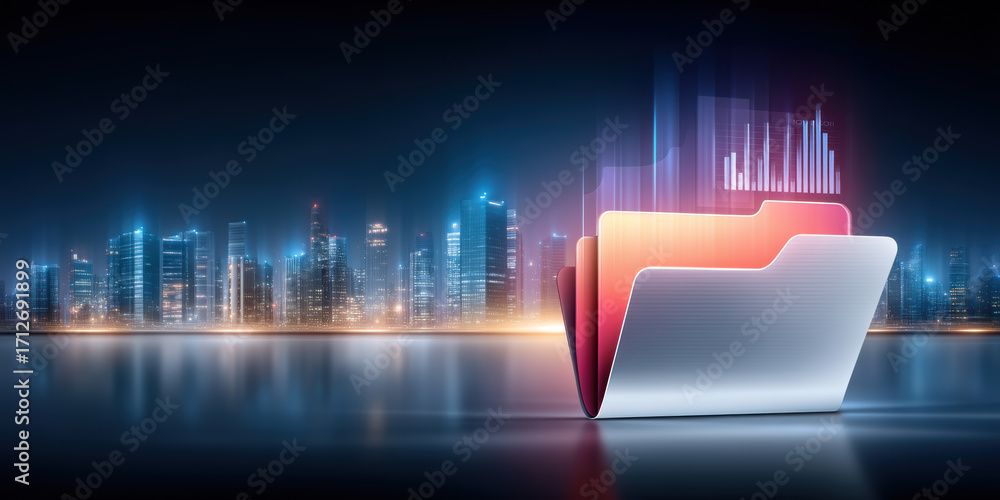 Poster digital folder with glowing data visualization over futuristic city skyline, dynamic and modern tech