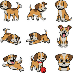 set of illustrator cute dog vector outline and shape
