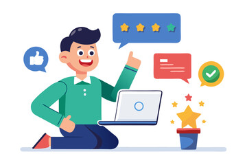 Vector flat illustration showing a man giving a star rating to an AI chatbot on a digital interface. Perfect for concepts related to customer feedback, online reviews, chatbot interaction, user satisf