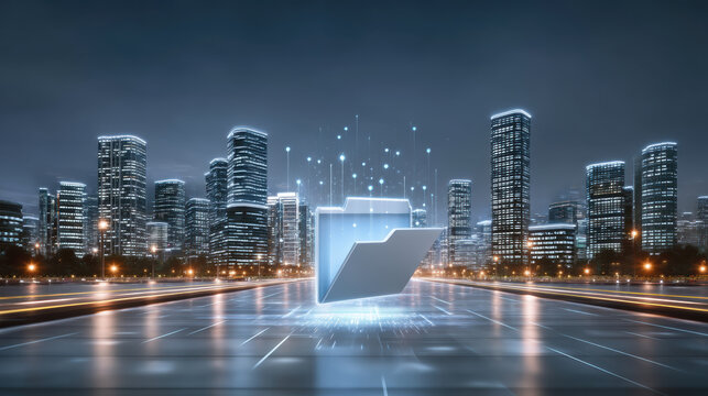 Glowing digital folder floating over futuristic city street at night, neon lights and data particles creating dynamic tech atmosphere - Powered by Adobe