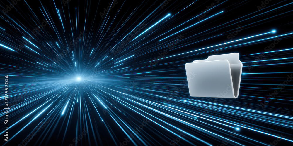 Poster futuristic data transfer folder icon moving through blue light streaks, dynamic speed and motion ene