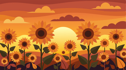 A sunflower field at sunset the warm palette of the sky perfectly complementing the vibrant flowers.