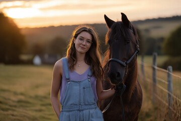 Obraz premium Young caucasian female with horse in sunset countryside scene