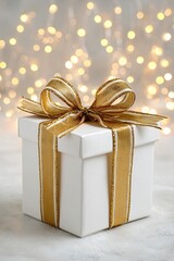 Elegant white gift box tied with golden ribbon and bow on sparkling festive background for celebration